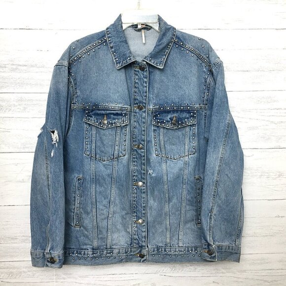 Free People Women's Denim Jean Jacket Studded Oversized Trucker Distressed M - Picture 2 of 12